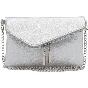 Women's Zipper Closure Clutch Wristlet Long Chain Strap Silver Crossbody Bag